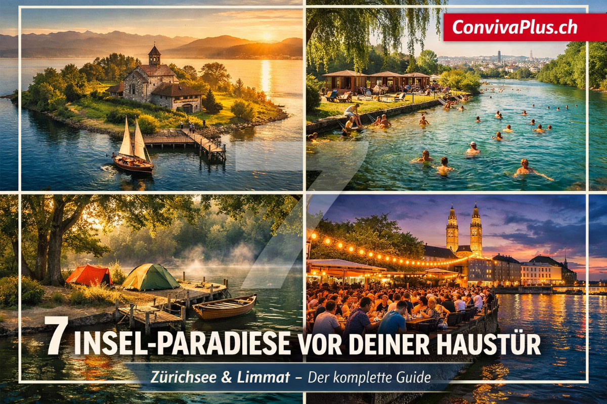 Collage der sch&ouml;nsten Inseln in Z&uuml;rich: Ufenau mit Klosterrestaurant unter Platanen, Sch&ouml;nenwirt als Schwimm-Geheimtipp, Werdinsel Flussbad mit Grillstellen und L&uuml;tzelau Camping-Insel. 7 Inseln im Z&uuml;richsee und an der Limmat f&uuml;r Badeausfl&uuml;ge, Camping und Gastronomie.