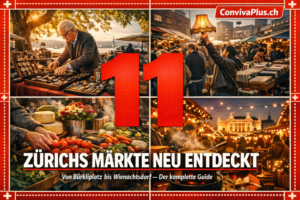 Collage der Z&uuml;rcher M&auml;rkte: Flohmarkt B&uuml;rkliplatz mit Antiquit&auml;ten unter Platanen, urbaner Kanzlei-Flohmarkt im Kreis 4, bunter Wochenmarkt mit Schweizer Gem&uuml;se und K&auml;se, stimmungsvoller Weihnachtsmarkt vor der Oper. 11 M&auml;rkte an 6 Standorten - der komplette Z&uuml;rich Markt-Guide.