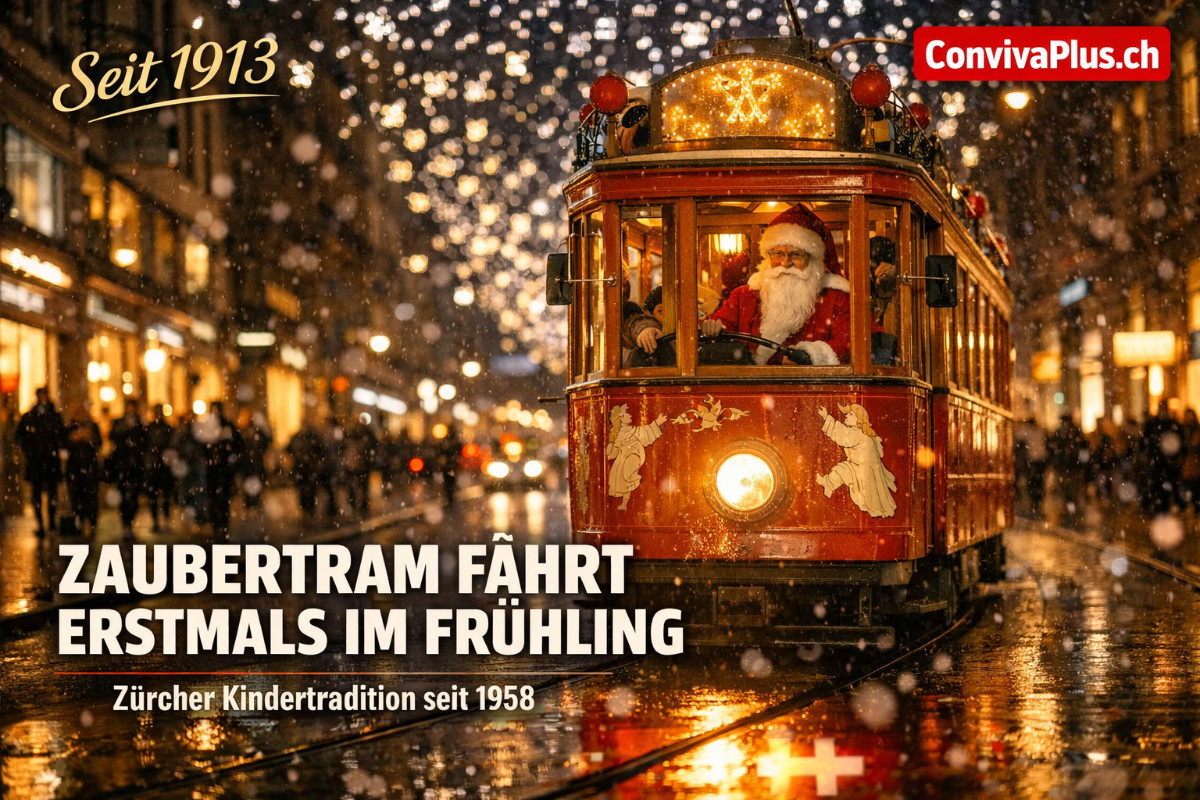 Das historische Z&uuml;rcher M&auml;rlitram von 1913 f&auml;hrt durch die weihnachtlich beleuchtete Bahnhofstrasse. Der Samichlaus am Steuer steuert das rote Nostalgietram mit Kindern an Bord unter der Lucy-Weihnachtsbeleuchtung. &Auml;ltestes VBZ-Fahrzeug im Einsatz - eine Tradition seit 1958.