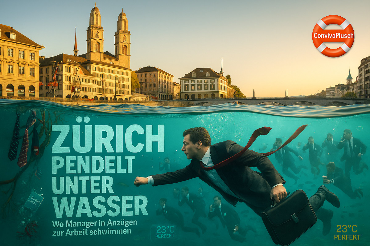 Zürich pendelt unter Wasser | Manager schwimmen zur Arbeit | Limmat Business-Route | ConvivaPlus.ch Geschäftsleute schwimmen in Anzügen durch die Limmat zur Arbeit in Zürich. Unterwasser-Perspektive zeigt die geheime Pendler-Route. Grossmünster und Bankenviertel über Wasser. 23 Grad Wassertemperatur