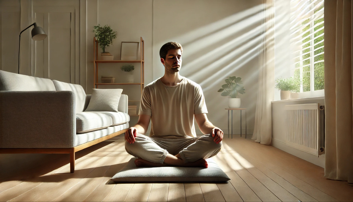 Achtsames Atmen: Die ideale Übung für Anfänger zur mentalen Entspannung Eine Person sitzt entspannt im Schneidersitz auf einem Meditationskissen in einem ruhigen Raum, die Augen geschlossen und die Hände auf den Knien, mit sanftem Tageslicht im Hintergrund