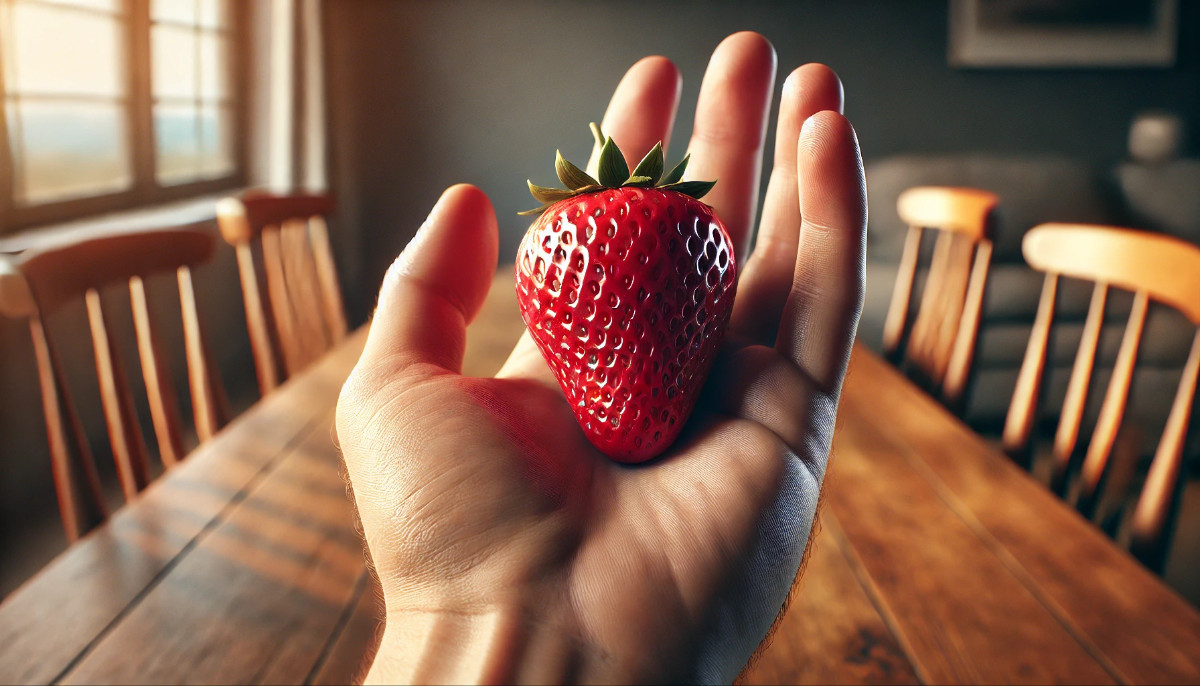Achtsames Essen: Bewusst jeden Bissen genießen und die Sinne schärfen Eine Nahaufnahme einer Hand, die eine frische, rote Erdbeere hält. Der Hintergrund zeigt eine ruhige und einladende Essensatmosphäre