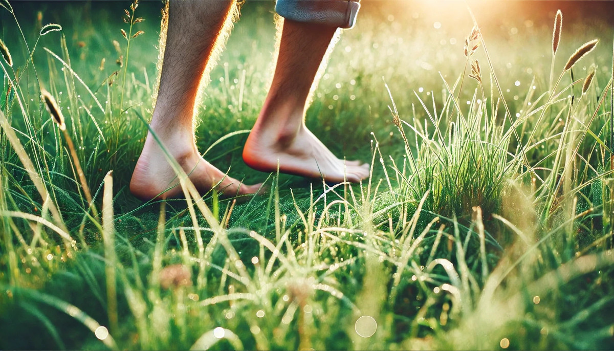 Achtsames Gehen: Eine Übung, um Bewegung und Achtsamkeit zu verbinden Nahaufnahme von nackten Füßen, die langsam über eine grüne, taufrische Wiese gehen. Im Hintergrund ist die natürliche Umgebung mit leichtem Morgenlicht zu sehen