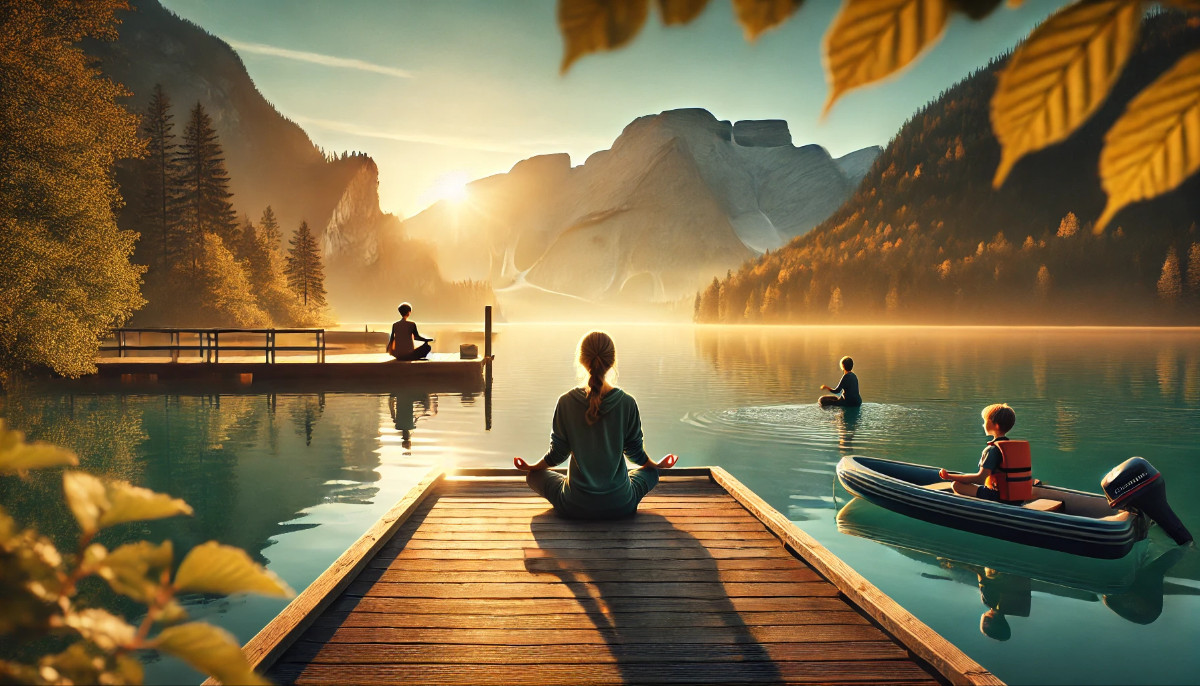 Achtsamkeitsübungen für Anfänger, Kinder und Gruppen in der Natur Eine Gruppe von Personen, darunter Kinder und Erwachsene, praktiziert Achtsamkeitsübungen an einem ruhigen See bei Sonnenuntergang, umgeben von Bergen und Natur