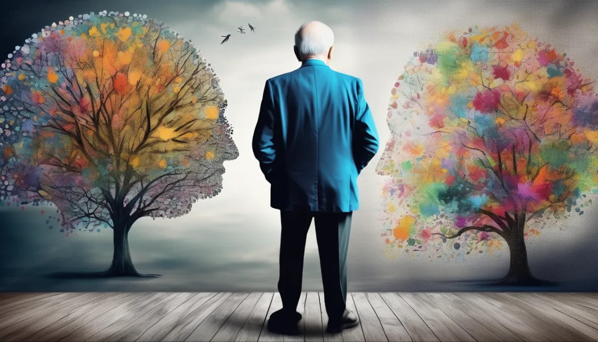 Symbolisches Bild eines &auml;lteren Mannes, der vor zwei bunten B&auml;umen steht, die das menschliche Gehirn darstellen. Der linke Baum zeigt kahle &Auml;ste, der rechte Baum ist farbenfroh und lebendig, was Hoffnung und Heilung symbolisiert