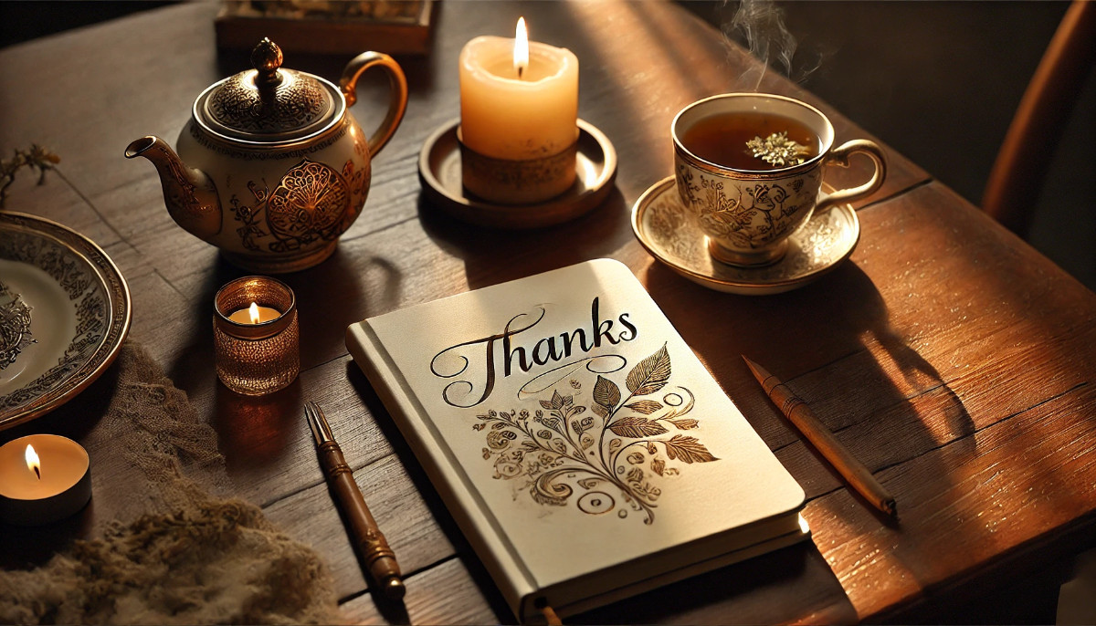 Dankbarkeitsübung: Ein tägliches Ritual für mehr Positivität und Achtsamkeit Ein aufgeschlagenes Notizbuch mit der Aufschrift ‚Dankbarkeit‘ liegt auf einem Holztisch, daneben eine dampfende Tasse Tee und eine Kerze in ruhiger Atmosphäre