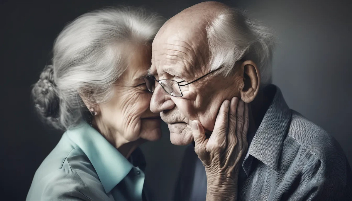 Ein &auml;lteres Paar in enger Umarmung, die Frau h&auml;lt sanft das Gesicht des Mannes, w&auml;hrend beide die Augen geschlossen halten. Das Bild symbolisiert emotionale N&auml;he und F&uuml;rsorge bei der Alzheimer-Erkrankung
