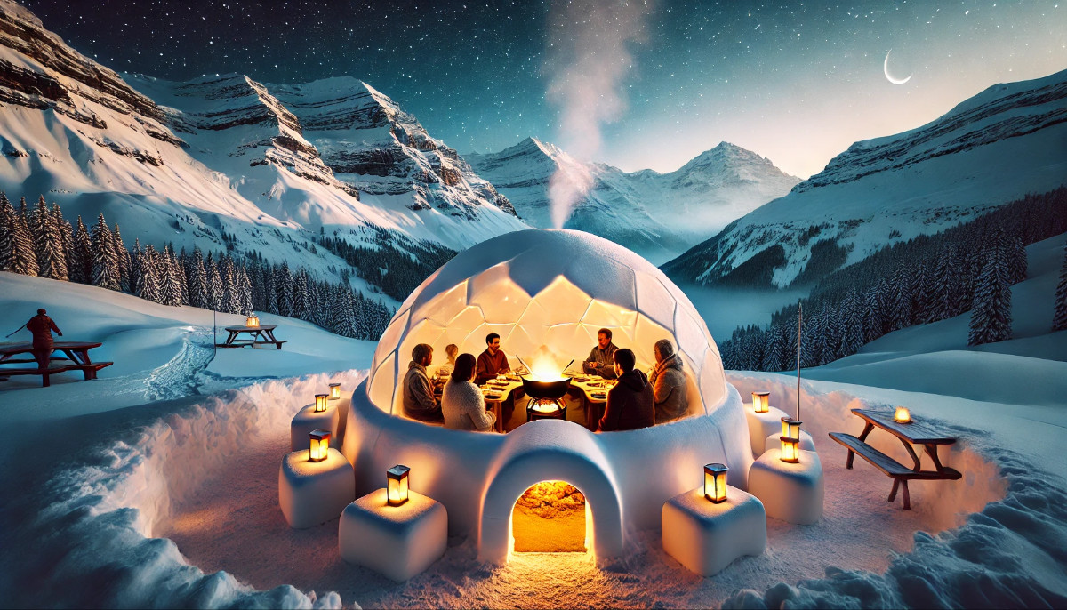 Einzigartiges Fondue-Erlebnis im Iglu auf der Engstligenalp Fondue-Iglu auf der Engstligenalp mit verschneiten Bergen im Hintergrund