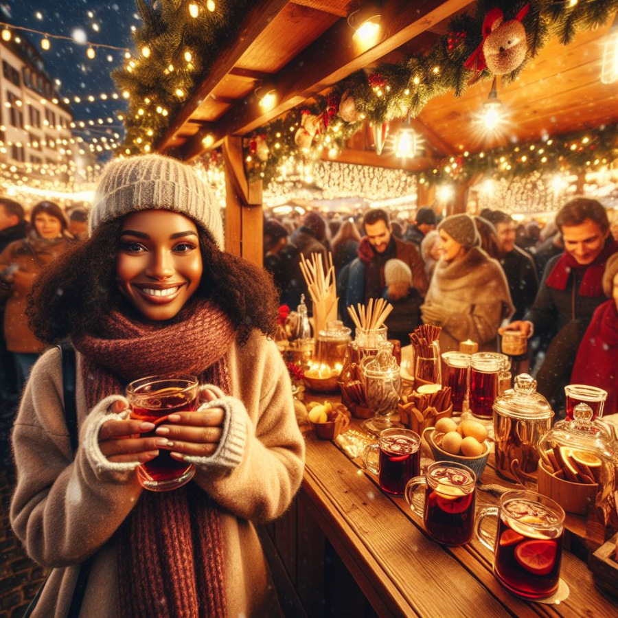 Gl&uuml;hwein Stand Weihnachtsmarkt Fraut lacht trinkt