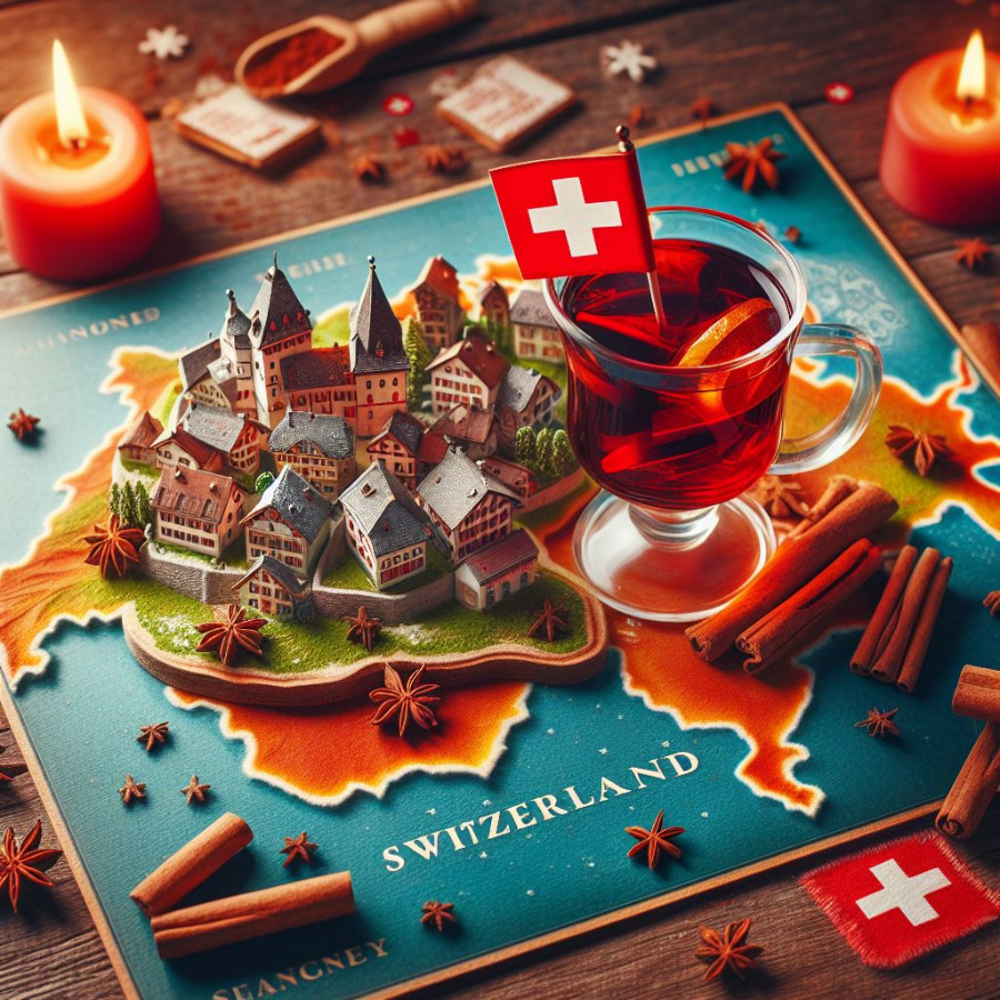 Gl&uuml;hwein Tasse Getr&auml;nke Heiss Winter Schweiz Flagge Karte