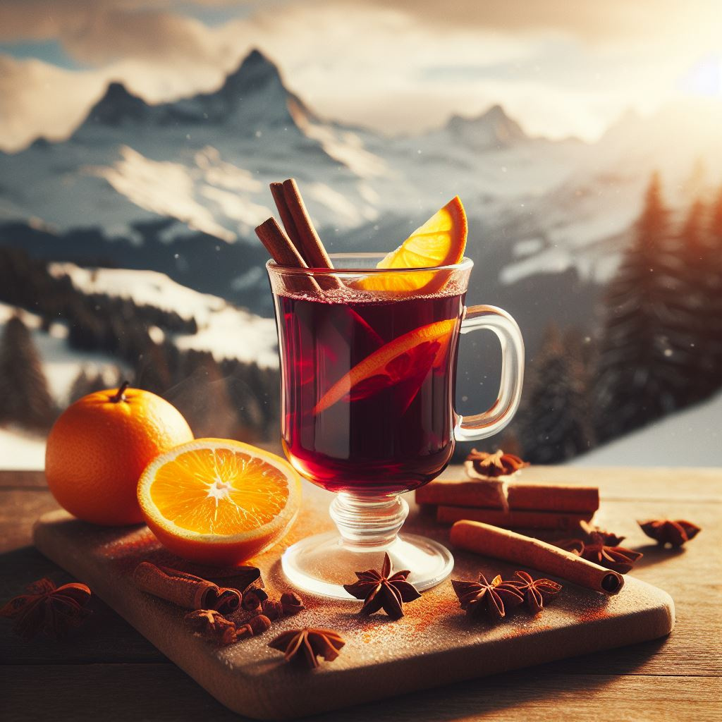 Gl&uuml;hwein Tasse Rot Zimt Orange Berge Aussicht