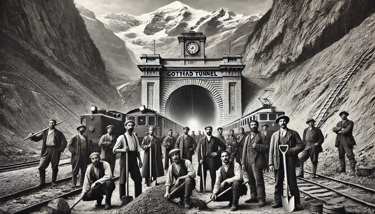 Historische Schwarz-Weiss-Darstellung des Gotthard-Tunnels in der Schweiz mit italienischen Gastarbeitern, Zügen und Alpenkulisse