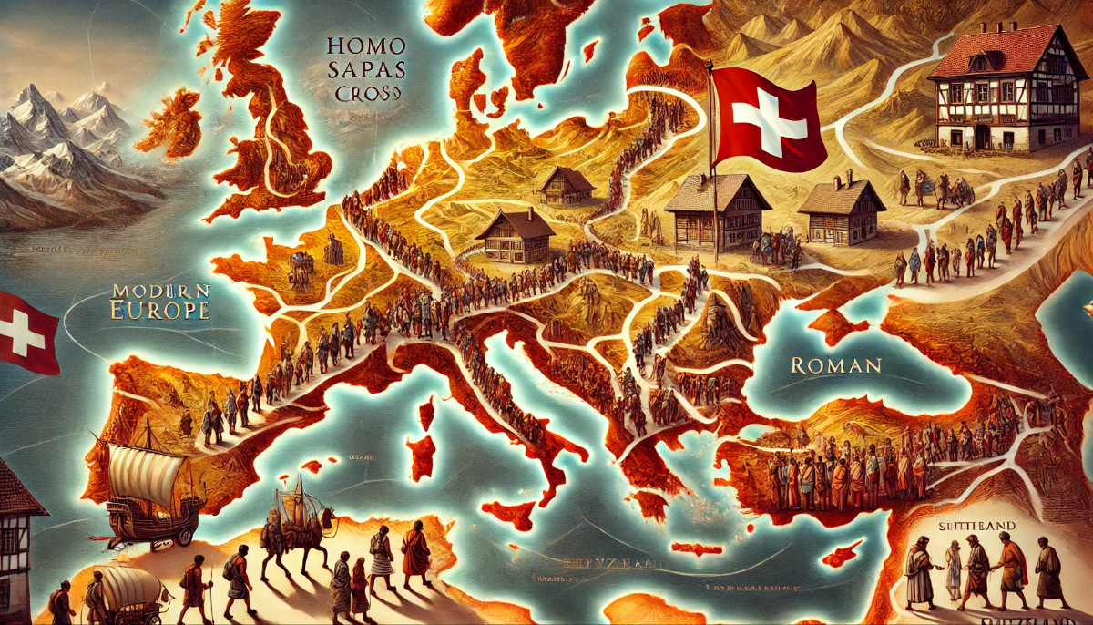 Historische Karte Europas mit Migrationsrouten des Homo sapiens, Schweizer Fahne und Alpen, symbolisiert Migration und Identität der Schweiz