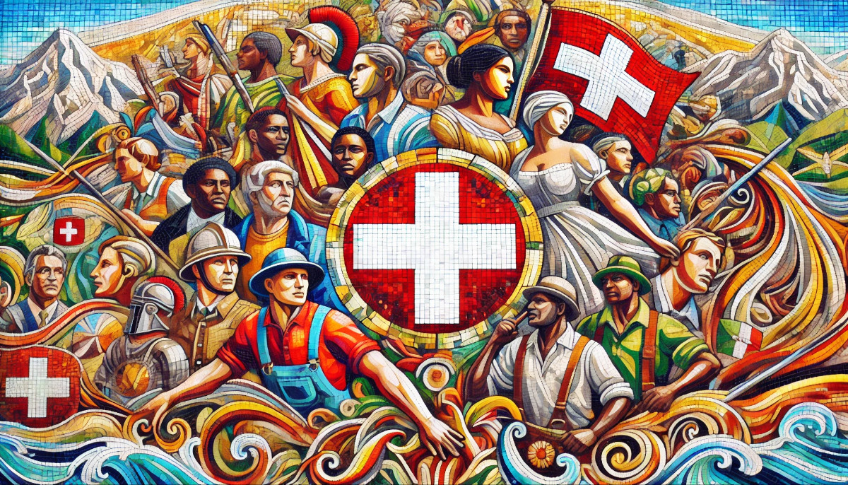 Ein farbenfrohes Mosaik, das die Vielfalt der Schweizer Gesellschaft durch Migration darstellt, mit zentralem Schweizer Kreuz und historischen Figuren