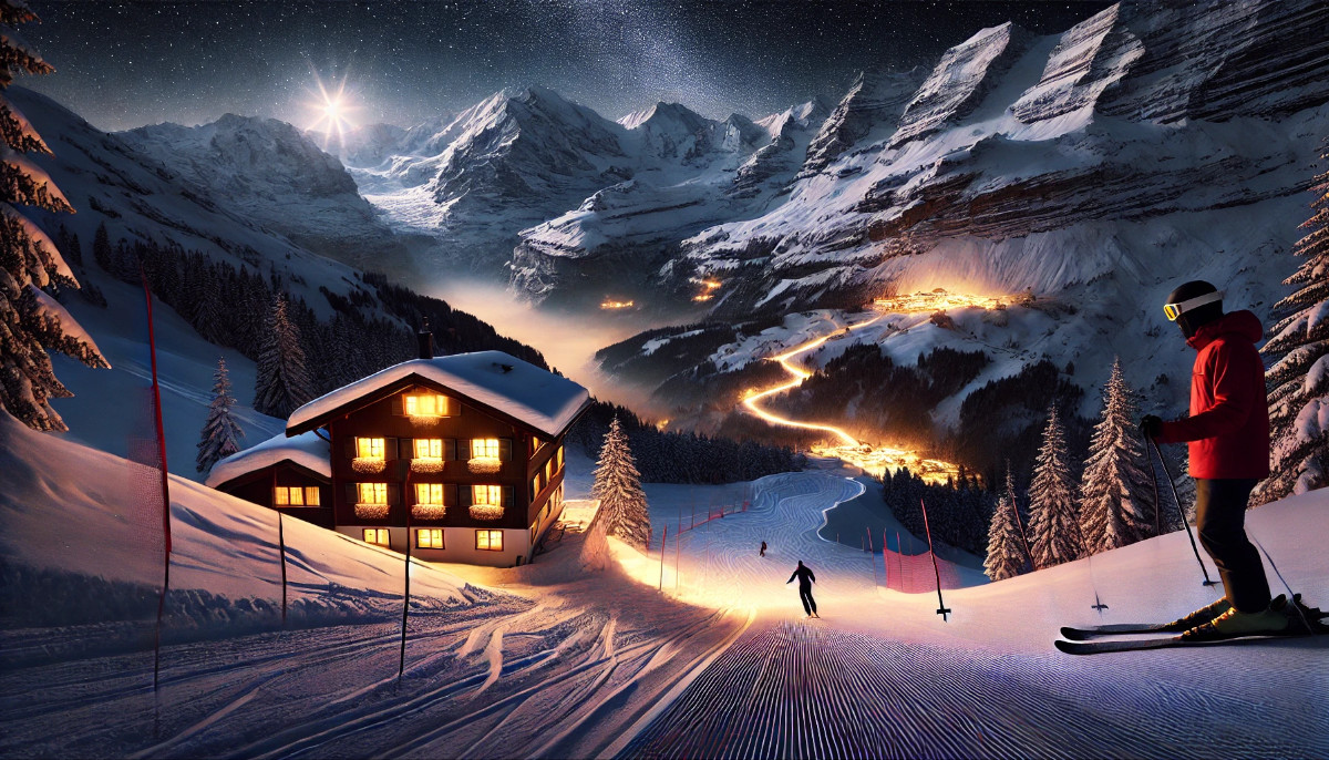 Nachtskifahren in den Schweizer Alpen: Eine beleuchtete Skipiste mit Skifahrern, umgeben von verschneiten Bergen und einer gemütlichen Berghütte unter einem klaren Sternenhimmel