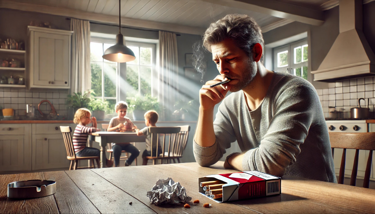 Mann Vater Zigaretten rauchen in der K&uuml;che mit Familie