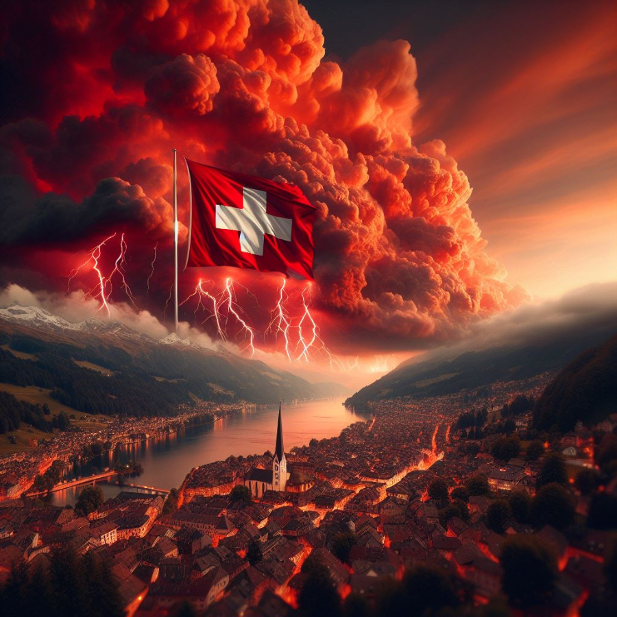 Ein Weckruf für die Schweiz: Stirbt die Schweiz aus? Schweiz Land Stadt See Flagge Wolken Sturm Sonnenuntergang