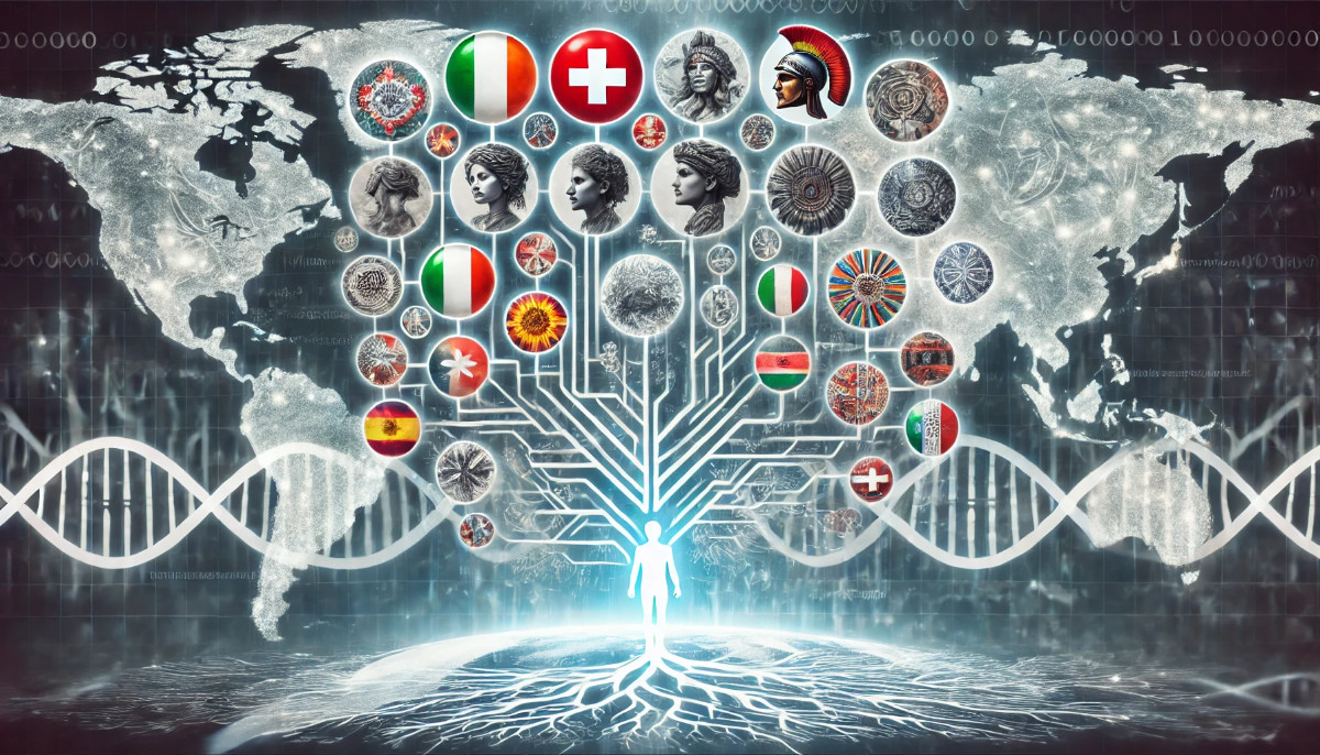 Grafischer Stammbaum mit kulturellen Symbolen und DNA-Strängen, der die Vielfalt der Schweizer Identität durch globale Migration darstellt.“