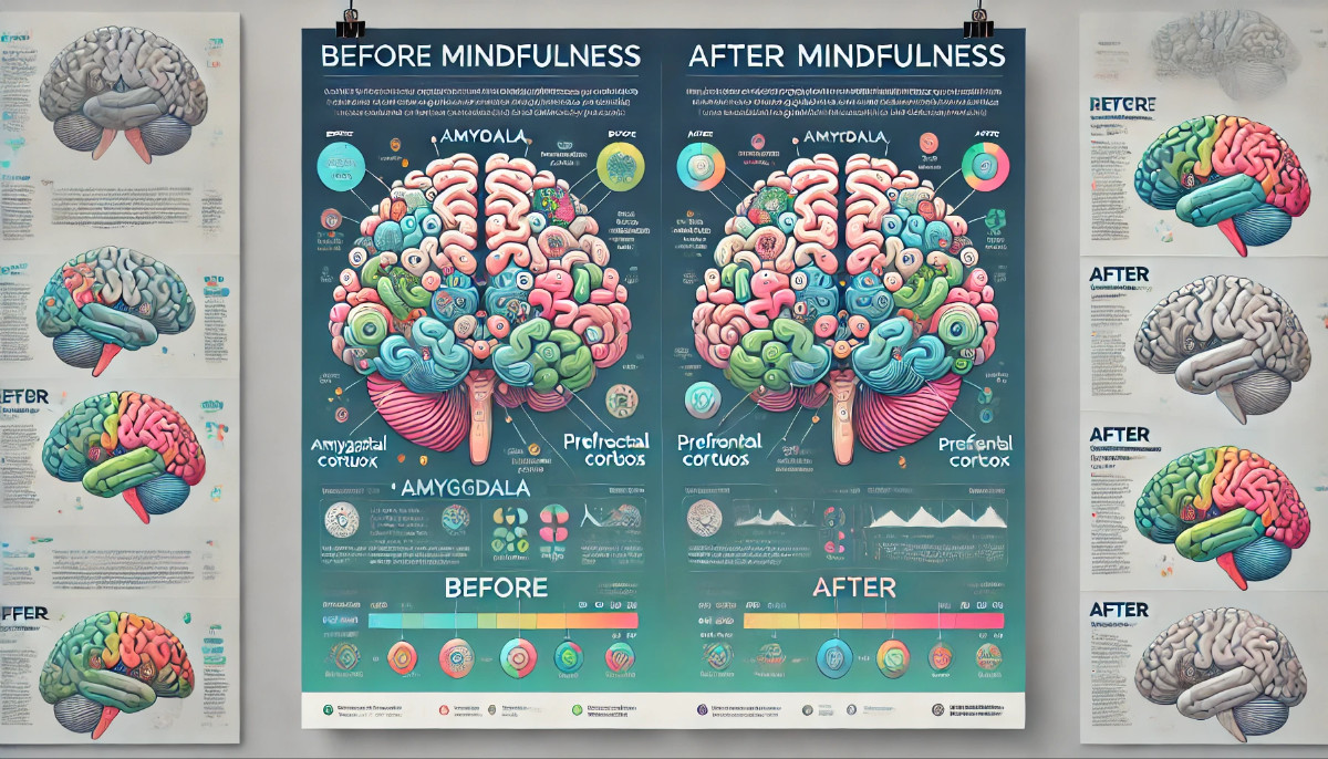 Wissenschaftliche Studien: Wie Achtsamkeit Stress reduziert und das Gehirn positiv verändert Infografik über die wissenschaftlichen Studien zu Achtsamkeit: Darstellung von Gehirnveränderungen wie der Reduktion der Amygdala-Aktivität und der Stärkung des präfrontalen Kortex. Klare Visualisierung der positiven Effekte auf Stressabbau und Emotionsregulation