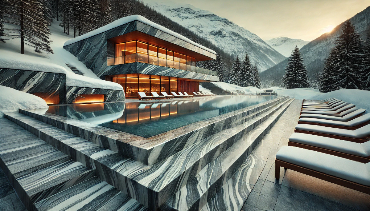 Therme Vals – Architektonische Perfektion trifft auf Winterentspannung Therme Vals im Winter: Markante Gneis-Architektur, ein dampfendes Außenbecken und verschneite Liegen inmitten der alpinen Landschaft