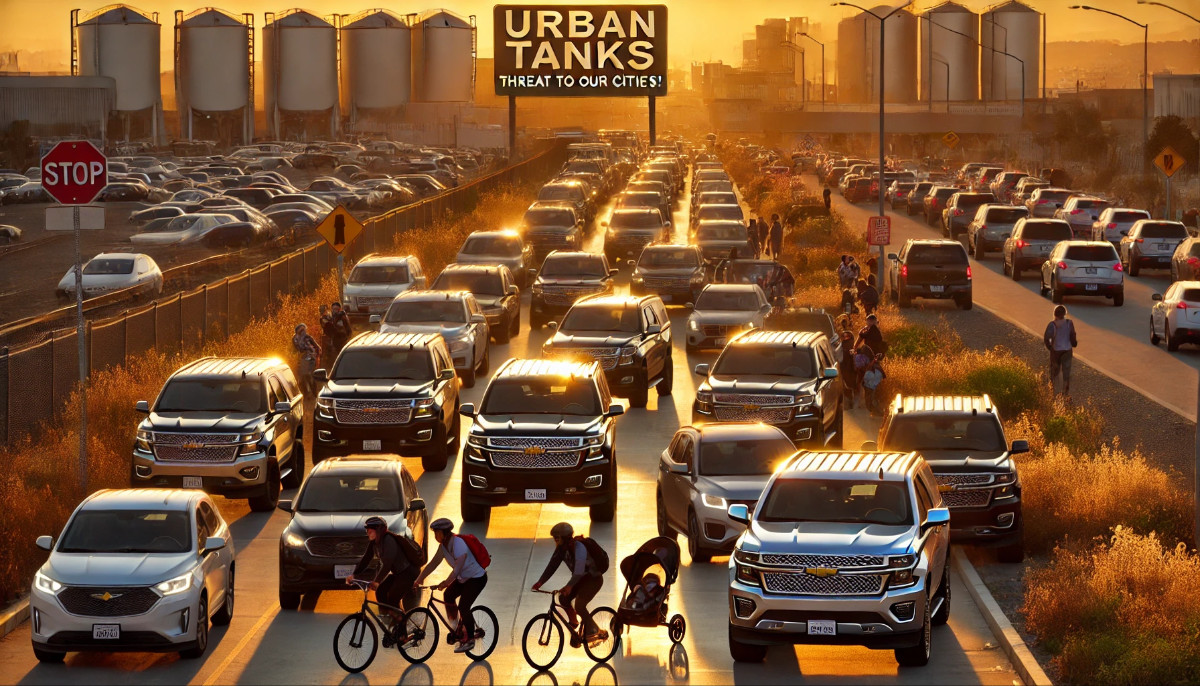 Überfüllte Strasse bei Sonnenuntergang, SUVs verdrängen Radfahrer und Fussgänger. Schild: ‚Urban Tanks – Threat to Our Cities‘