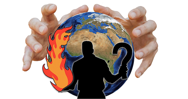 Klimawandel menschengemacht? Hände um die Erde mit Feuer und Mensch
