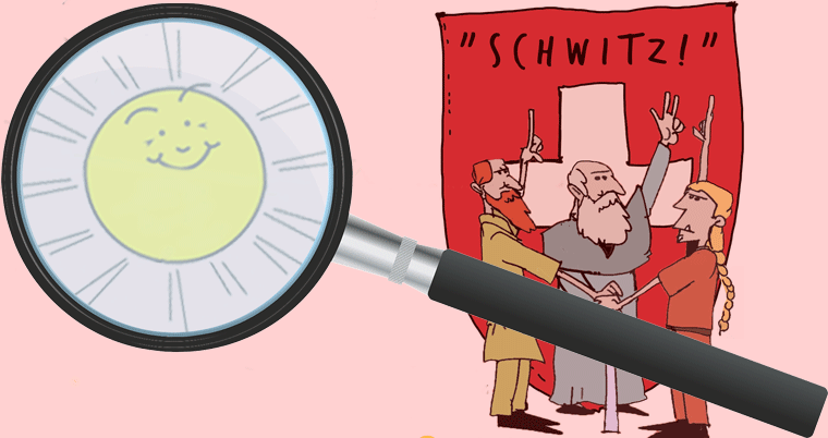 SVP Sonne mit Lupe und Rütlischwur Schweizer Flagge