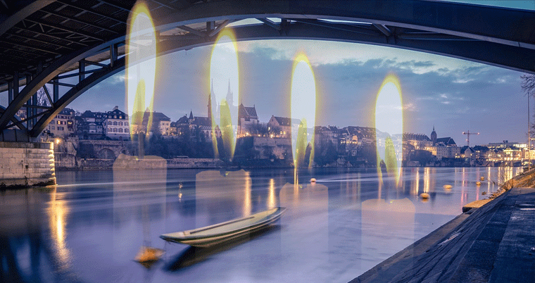 Stadt Basel am Rhein in der Abend Dämmerung