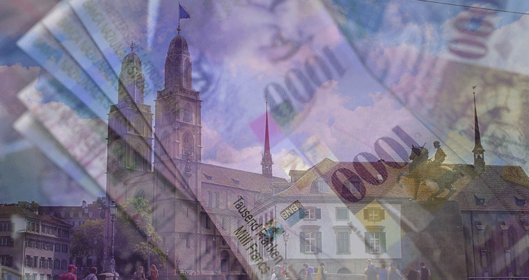 Das Grundeinkommen kommt in Zürich Kreis 4 + 5 1000 Franken Banknoten mit Stadt Zürich