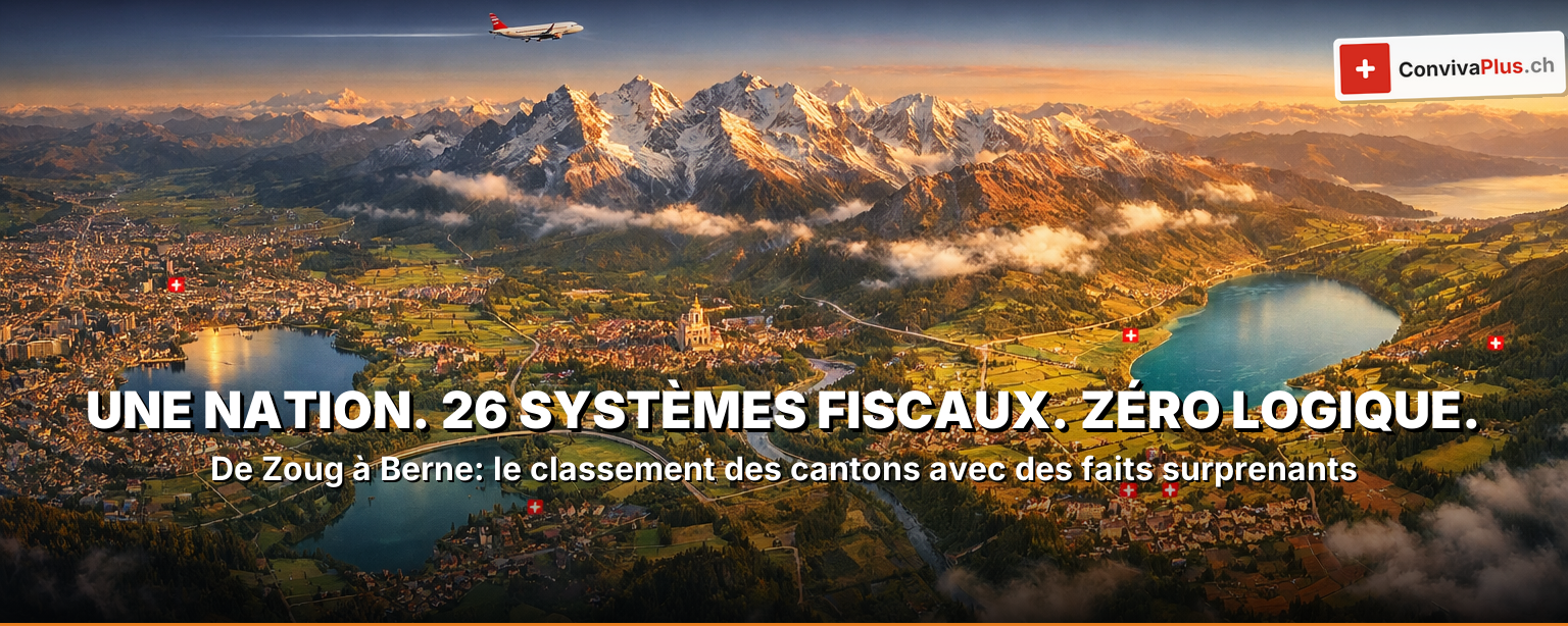 26 cantons suisses : carte stylisée, couteau suisse, atlas avec armoiries, Cervin, ours bernois – Une nation, 26 histoires