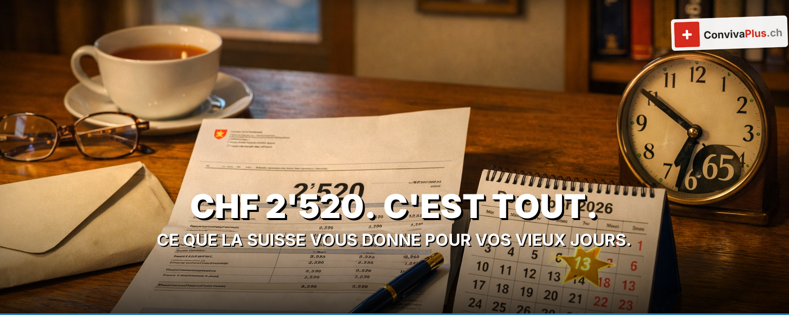 Rente AVS Suisse 2026 : rente minimale CHF 1'260, rente maximale CHF 2'520, 13e rente pour la première fois en décembre 2026, 44 années de cotisation pour la rente complète