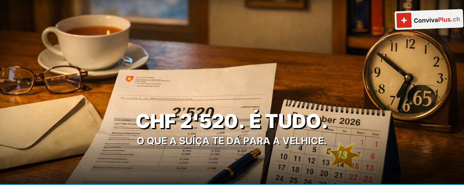Pensão AVS Suíça 2026: pensão mínima CHF 1'260, pensão máxima CHF 2'520, 13a pensão pela primeira vez em dezembro 2026, 44 anos de contribuição para pensão completa