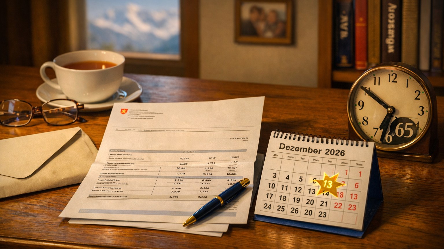 Schreibtisch in einer Stube: ein Rentenbescheid mit Schweizer Wappen und ein Füller, daneben ein Tischkalender «Dezember» mit goldenem Stern, eine Tischuhr mit der Zahl 65, eine Tasse Tee, eine Brille und ein Briefumschlag