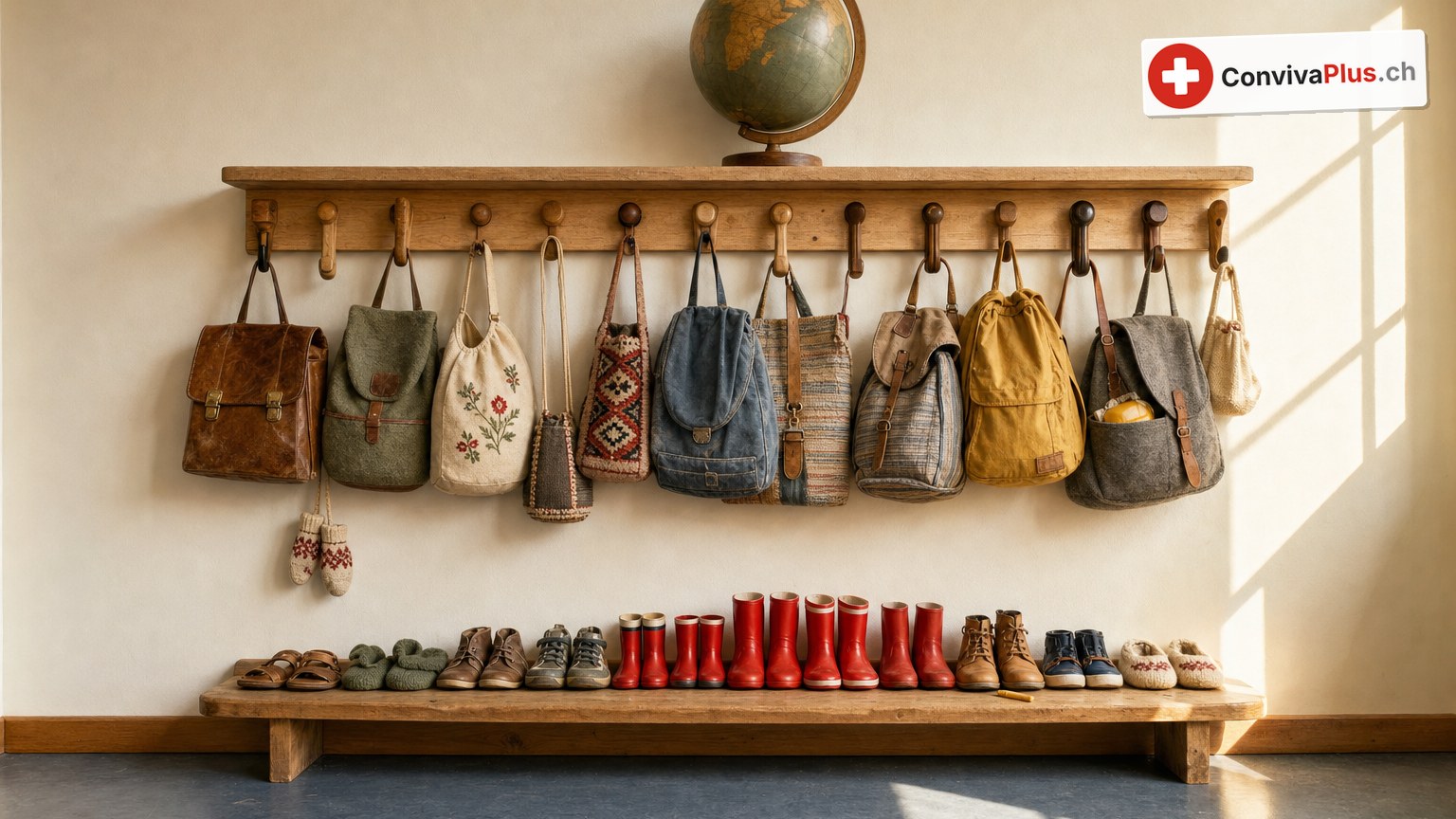 A school cloakroom in the morning: children’s school bags, each one different, on wooden hooks, red rubber boots and children’s shoes below, an old globe on the shelf
