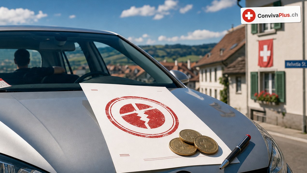 Silbernes Auto in einer Dorfstrasse, auf der Motorhaube ein Blatt mit rotem Stempel einer zerbrochenen Police, daneben Münzen und ein Kugelschreiber; rechts ein Haus mit grünen Fensterläden und Schweizer Fahne