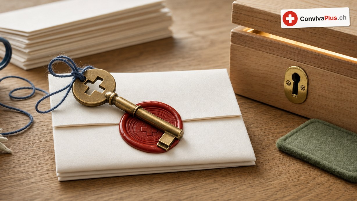 Ein weisser Briefumschlag mit rotem Siegel, darauf ein Messingschlüssel mit Schweizerkreuz an blauer Schnur; daneben Edelweiss, eine dampfende Emailtasse, ein Stapel Briefpapier und ein Holzkästchen mit Schlüsselloch