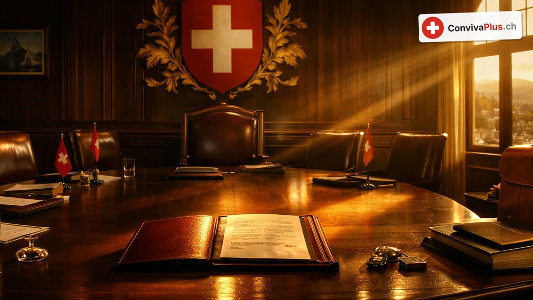 Wood-panelled meeting room in evening light: an oval wooden table with leather chairs, small Swiss flags and an open folder, a Swiss coat of arms with laurel on the wall, a leather briefcase by the window on the right