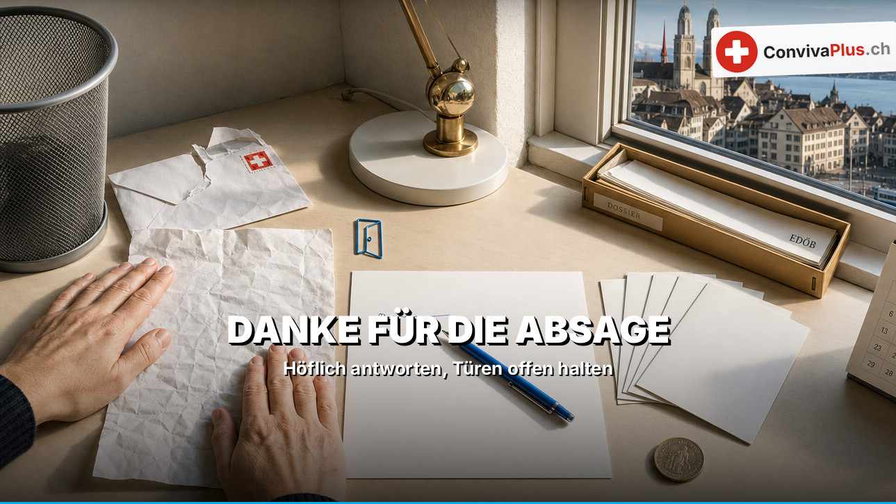 Dankschreiben nach einer Bewerbungsabsage am Schreibtisch, Schweizer Büroszene