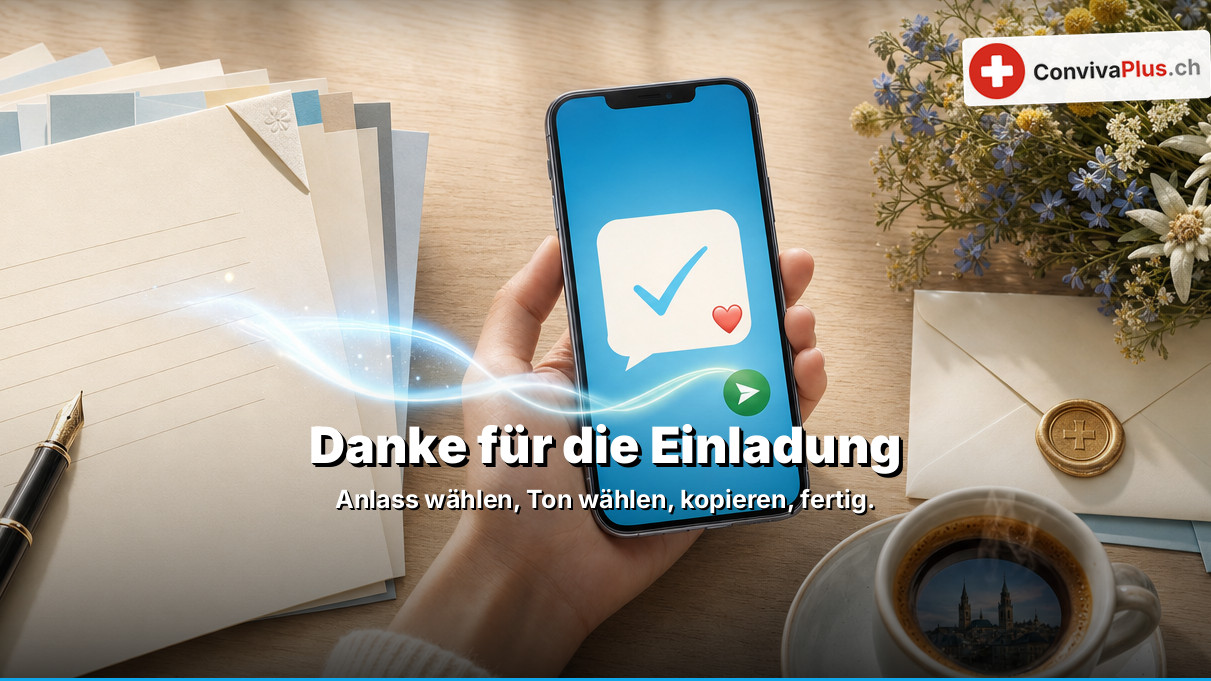 Hand hält ein Handy mit Häkchen und Herz in der Nachricht; daneben Briefpapier, Füllfeder, Umschlag mit goldenem Siegel, Kaffeetasse und Edelweiss