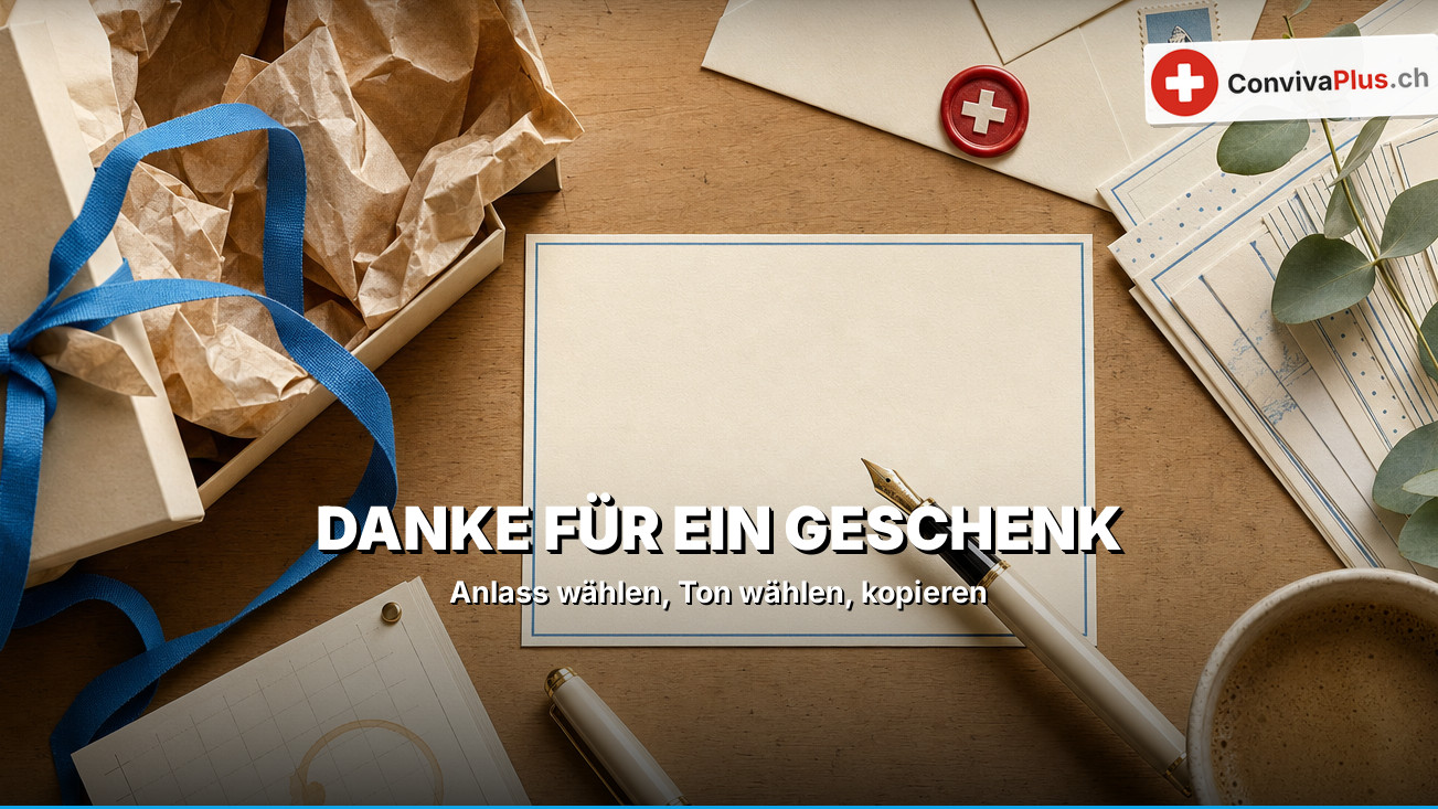 Leere Dankeskarte auf Packpapier, daneben ein Füllfederhalter und ein Milchkaffee; links eine geöffnete Geschenkschachtel mit blauem Band, rechts Briefumschläge mit Schweizerkreuz-Siegel und Matterhorn-Briefmarke und ein Eukalyptuszweig