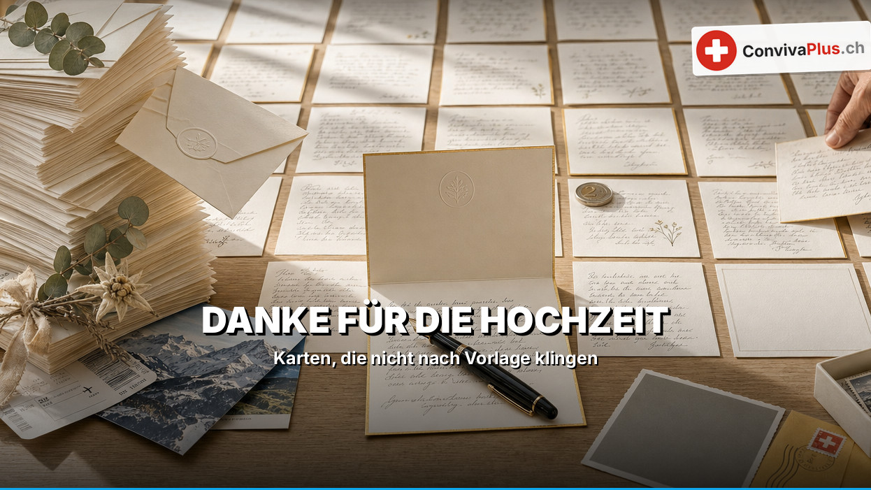 Handgeschriebene Hochzeits-Dankeskarte neben Eheringen und Blumen auf einem Holztisch