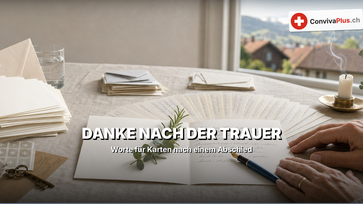 Handgeschriebene Danksagungskarte neben einer Kerze und einem Blumenzweig auf dunklem Holz