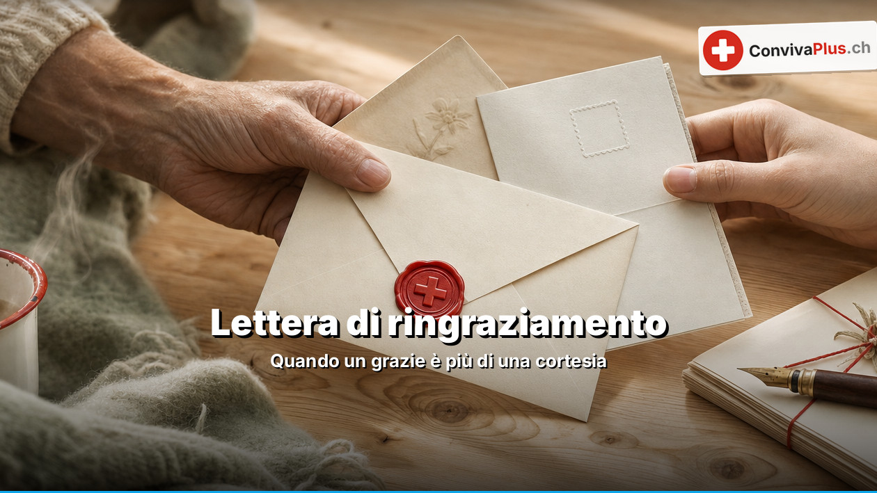 Una mano anziana porge una busta chiusa con sigillo rosso a una mano più giovane; accanto lana lavorata a maglia, una tazza smaltata, una stilografica e lettere con una stella alpina