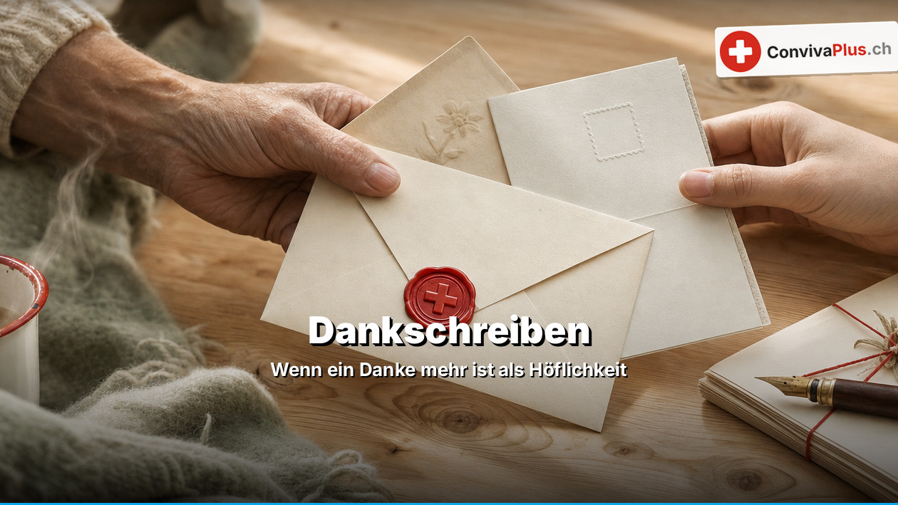 Eine ältere Hand reicht einen mit rotem Siegel verschlossenen Umschlag an eine jüngere Hand weiter; daneben Wollstrick, Emailtasse, Füllfeder und Briefbündel mit Edelweiss