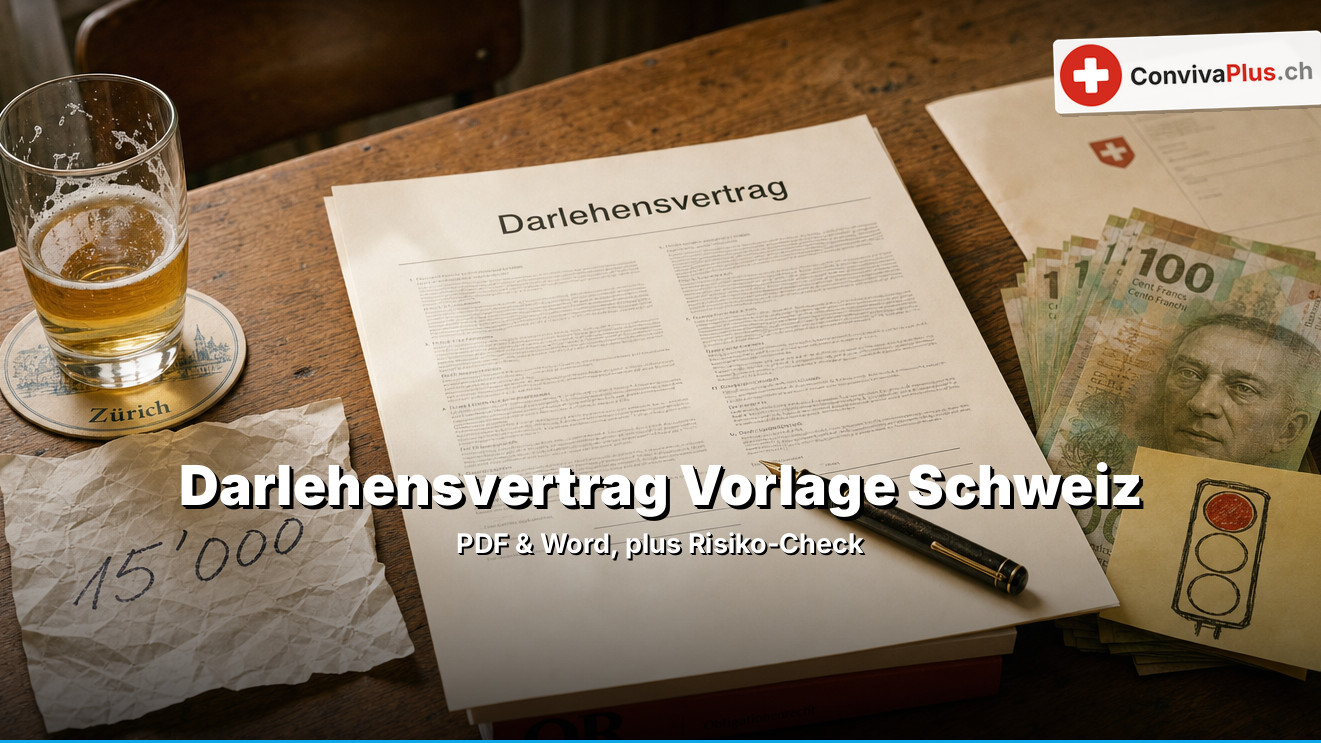 Ein Darlehensvertrag mit Füllfeder auf einem Wirtshaustisch, daneben ein Bierglas auf einem Zürcher Untersetzer, ein zerknitterter Zettel «15'000», Franken-Noten und ein Kärtchen mit Ampel