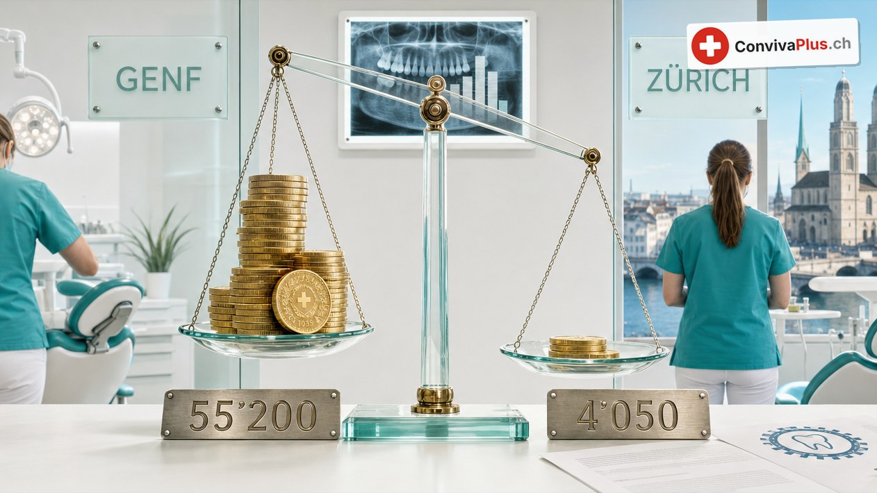 Zwei Dentalassistentinnen in türkiser Kleidung in hellen Praxen mit den Schildern «Genf» und «Zürich»; dazwischen eine Glaswaage mit einem hohen Stapel Goldmünzen links und wenigen rechts, davor Messingschilder «55'200» und «4'050», hinten ein Röntgenbild und das Grossmünster