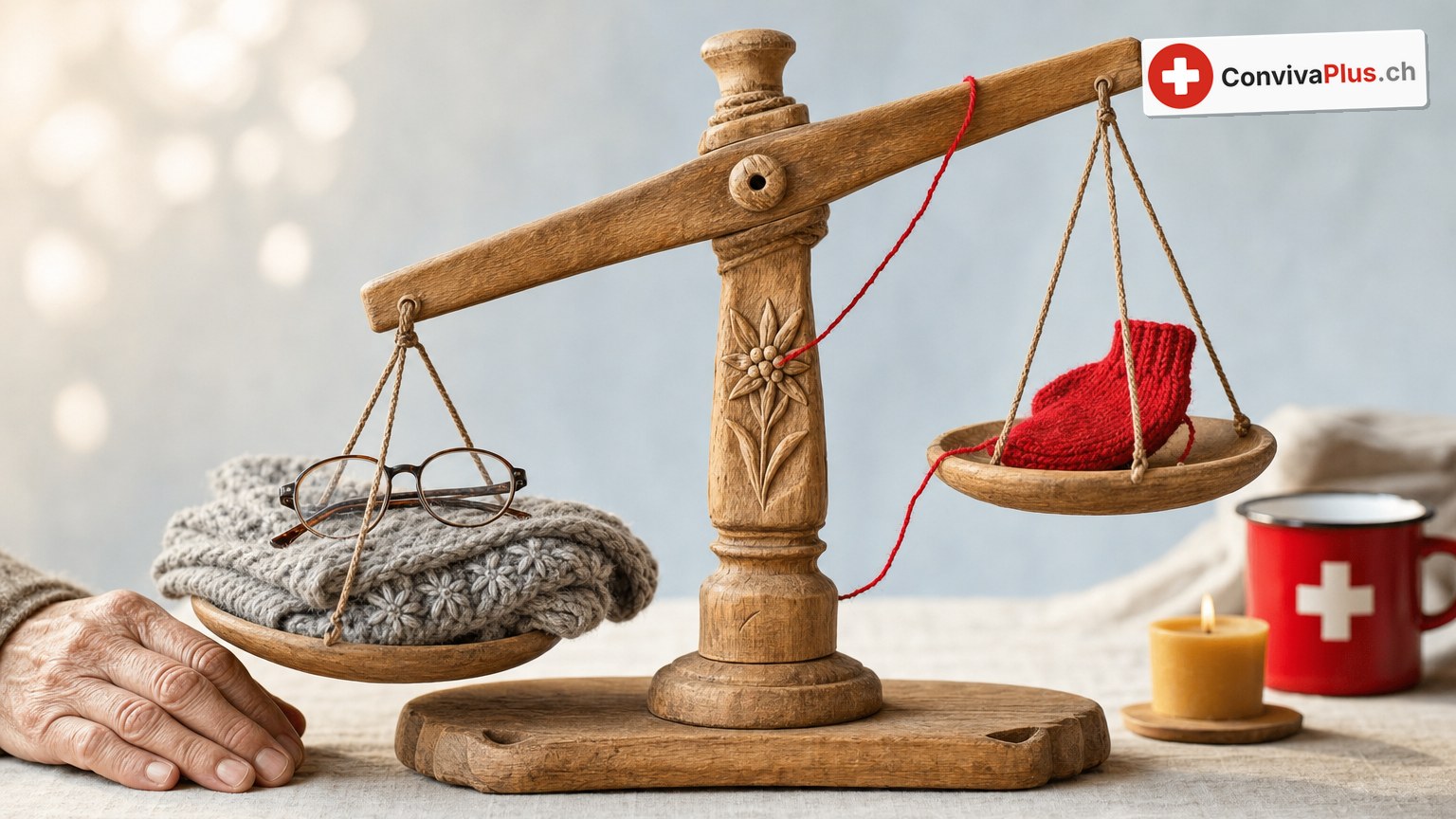 A carved wooden balance scale with an edelweiss: on the left reading glasses on a grey knitted scarf, on the right a small red baby sock, the side with the glasses hangs lower, next to it a red mug with a Swiss cross