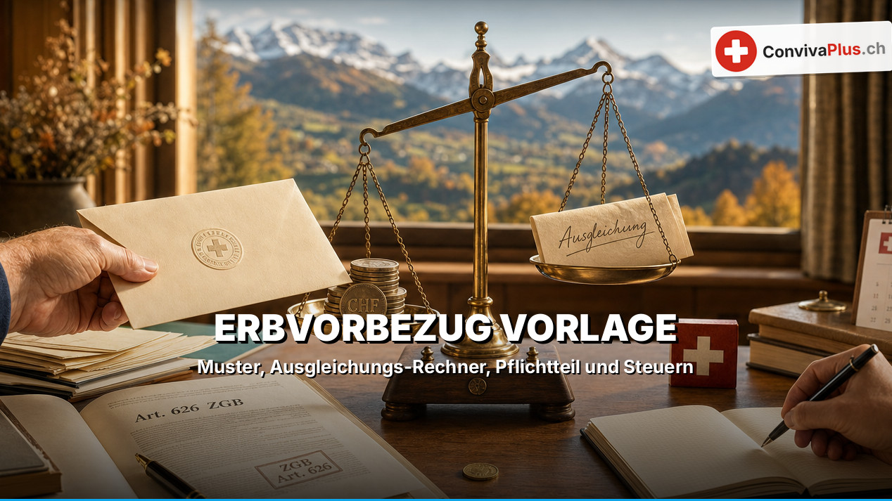 Eine Hand reicht einen versiegelten Umschlag über einen Schreibtisch; in der Mitte eine Messingwaage mit Münzen links und einem Kärtchen «Ausgleichung» rechts, davor ein aufgeschlagenes ZGB bei Art. 626, rechts ein Kalender 2023 und eine schreibende Hand, hinten Herbstwald und Berge