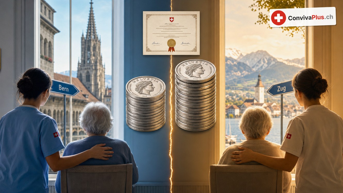 Zweigeteiltes Bild: links eine Pflegerin in Blau mit einer älteren Frau am Fenster in Bern mit Berner Wappen, rechts eine Pflegerin in Weiss mit einer älteren Frau vor dem Zugersee und dem Zuger Wappen; in der Mitte zwei unterschiedlich hohe Stapel Franken-Münzen, darüber ein Fähigkeitszeugnis