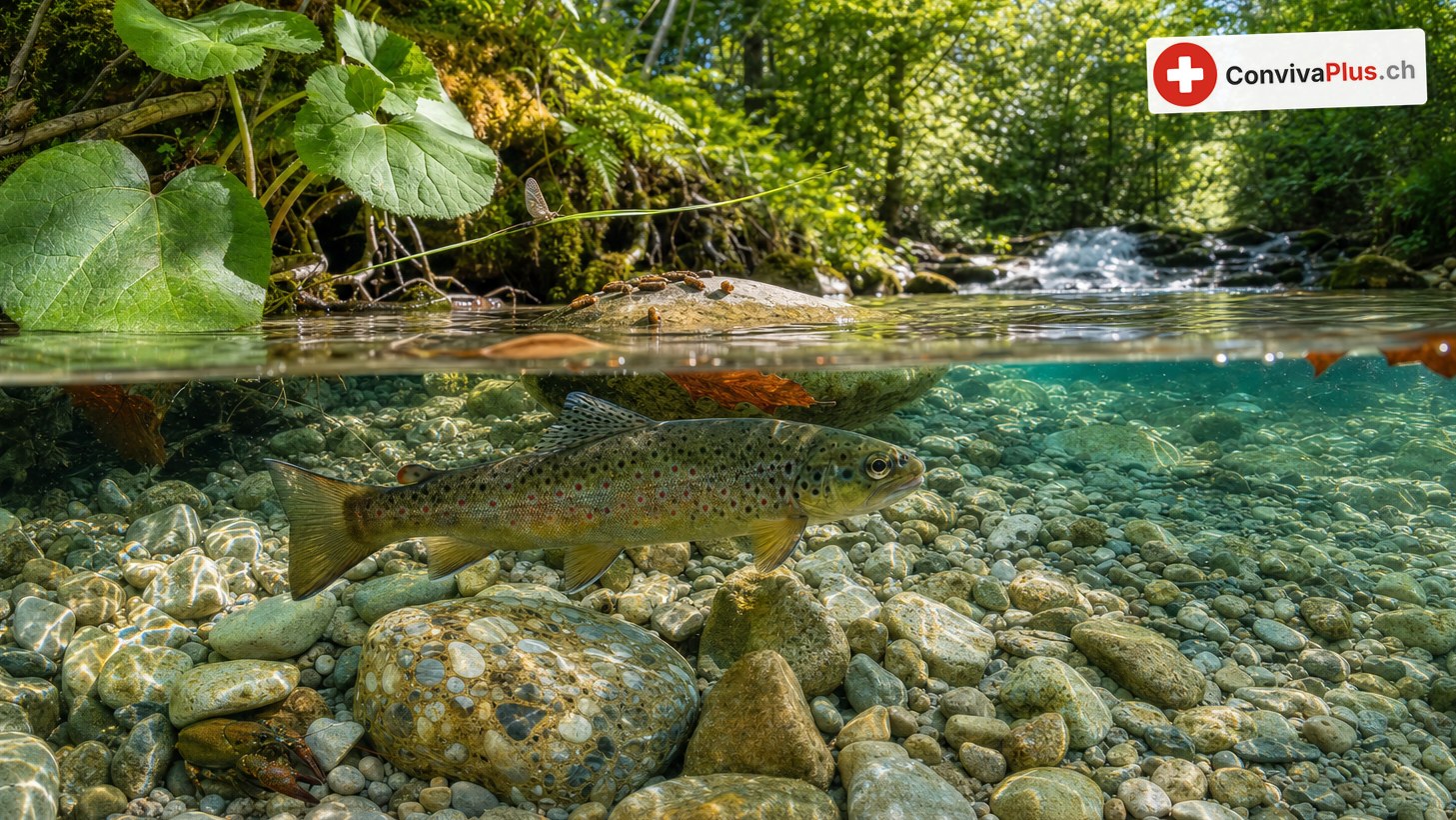 Bachforelle über Kieselsteinen in einem klaren Waldbach, halb unter, halb über Wasser fotografiert; am Ufer grosse Pestwurzblätter und Moos, hinten ein kleiner Wasserfall